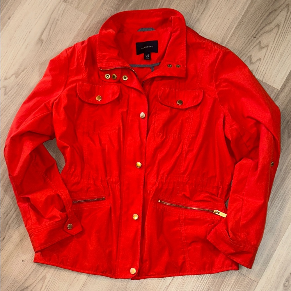 Lands' End Women's Utility Jacket Coral Red PL 14-16 Full Zip Tab Sleeve Cinched